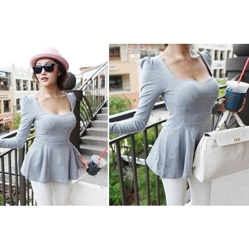 Women Fashion Square Collar Pleated Hem Puff Long Sleeve Elegant Tops Slim Fit Peplum Vintage Top Tee t shirt