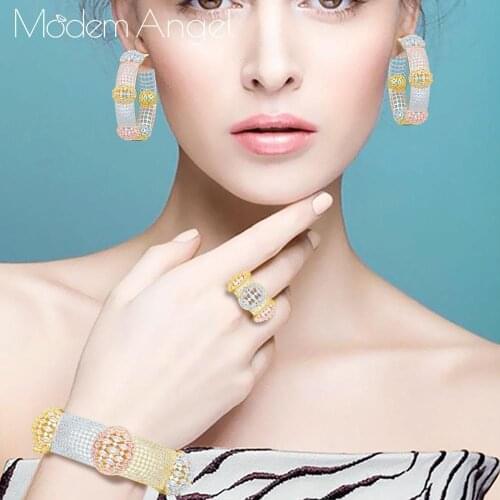ModemAngel Luxury Big Ball Shape Delicate Super AAA Cubic Zirconia Women Brand Bijoux Fashion Bangle Ring Sets Party
