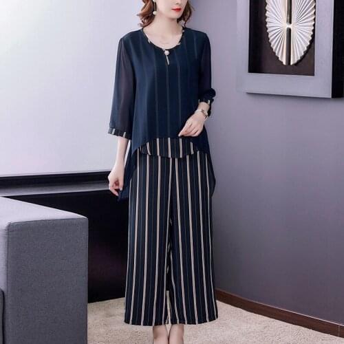 Casual suit Fashion womens 2021 summer new foreign style stripe covered belly Chiffon Top loose wide leg pants fashion