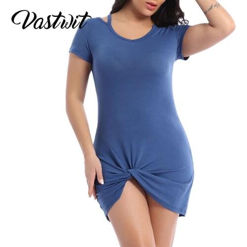 Women Fashion Twist Knot T-shirt Dress Ladies Casual Loose Solid Color Short Sleeve Dresses