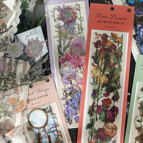 6 Sheets /Pack PET Sticker Flowers Butterfly Rose Retro Pocket DIY Long Decorative Stickers