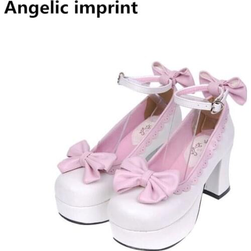 Angelic imprint woman mori girl lolita cosplay shoes lady high thin heels pumps women princess dress shoes lacework bows 33-47