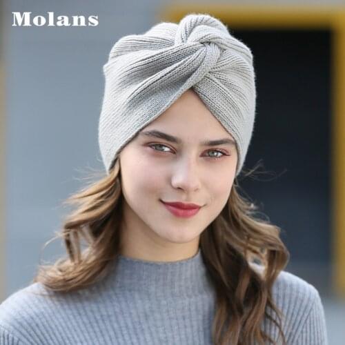 MOLANS Knot Bandanas Turban Headband 2020 Autumn Winter Warm Knitting Turban Cap Solid Center Cross Women Fall Hair Scarfs