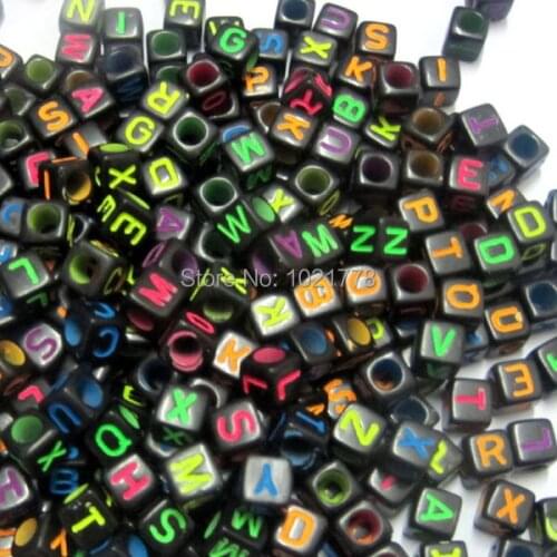 Free shipping 1000pcs Black with Neon Color Assorted Alphabet Letter Cube Beads 6X6mm Fit Bracelet & Necklace DIY