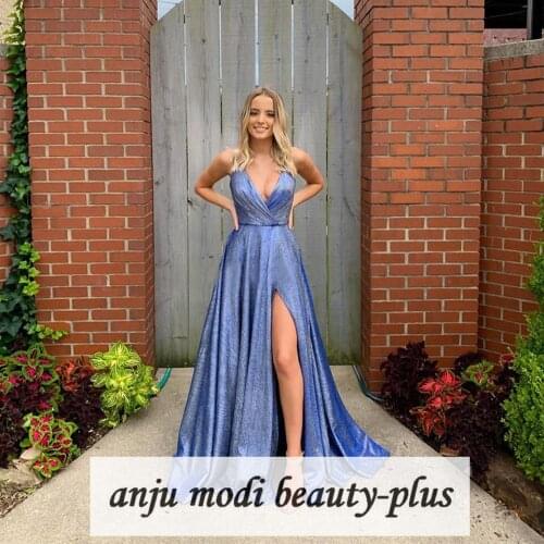 Long Sparkly Glitter V Neck Prom Dresses with Pockets Sleeveless High Split Formal Evening Party Ball Gowns Robe De Soiree