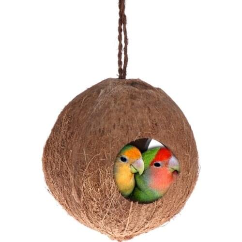 Bird Nest Dispenser Food Feeding Hiding Cave Coconut Shell Parrots Hanging House