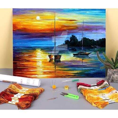 Florida Sunset Printed Canvas 11CT Cross-Stitch DIY Embroidery Kit DMC Threads Handmade Handicraft Craft Sewing Gift Different