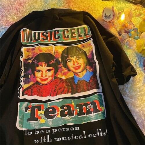 Pure Cotton American Vintage Music Cell Team Photo T Shirts Black Yellow O-neck Oversized Summer Tops Punk Goth Graphic Tees