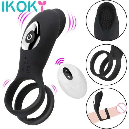 IKOKY 9 Frequency Delay Ejaculation 2 in 1 Vibrating Penis Ring Remote Control G-Spot Clitoris Stimulation Sex Toys for Men