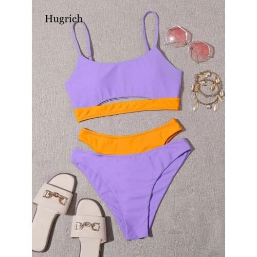Sexy Swimwear Women Solid Purple Patchwork Cut Out Bikini Halter Push Up Bather Ribbed Bathing Suit Swimsuit