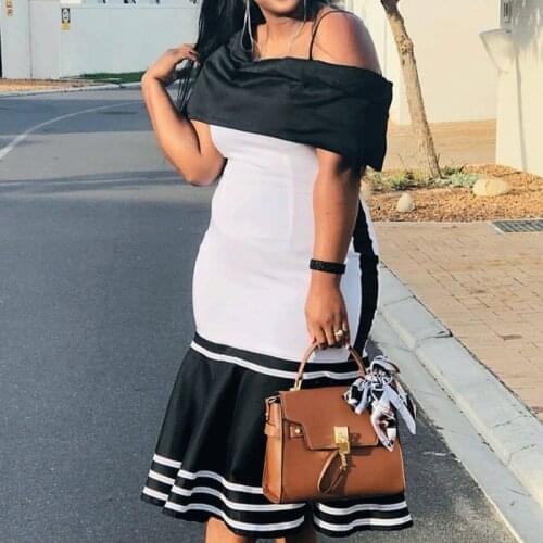 Summer Dress Women 2021 Elegant Off Shoulder Ruffles Party Dress White Black Patchwork Bodycon Dresses African Plus Size Robes