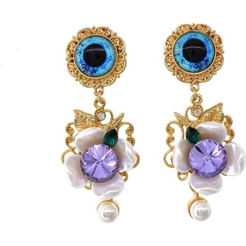 Fashion Women Earrings For Wedding Gold Color Brincos Big Blue Eyes Austrian Crystals Long Drop Earrings Statement Jewelry