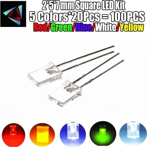 100PCS/LOT 2*5*7mm Square LED Kit Transparent Light-emitting diode Kit 2X5X7 LED Diode Red Yellow Green Blue White 5 Colors