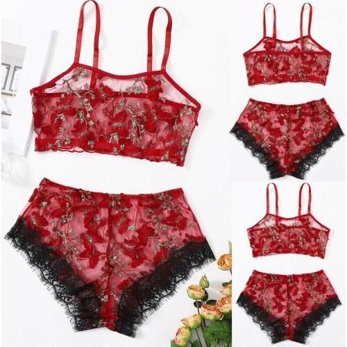 New Moda 2PC Butterfly Embroidery Sexy Lace Lingerie Set Women Underwear Push Up Sleepwear Mujer Sensual Pajamas Red 2021