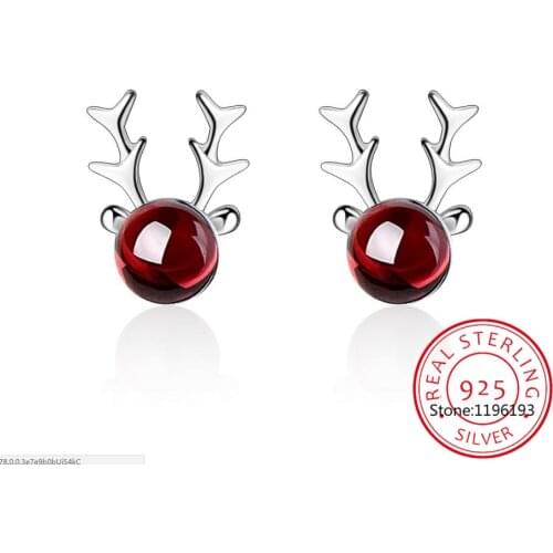 New Sweet Elk Antlers Deer Red Garnet Earrings For Women Trend Creative 925 Sterling Silver Christmas Jewelry Oorbellen