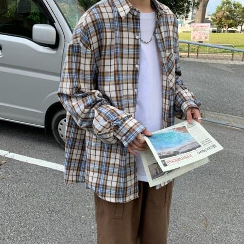 Long Sleeve Male Casual Button Up Shirt Mens Harajuku Plaid Vintage Shirts 2021 Man Japanese Streetwear Pockets Shirts