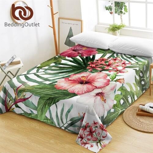 BeddingOutlet Flowers Bed Sheets for Adults Leaves Flat Sheet Tropical Plants Bed Linen Red Green White Bedspreads One Piece