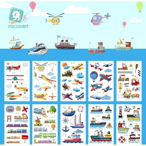 Rocooart Cartoon Cute Cars Child Temporary Body Art Flash Tattoo Sticker Waterproof Bus Air planes Ship vehicle Tattoo