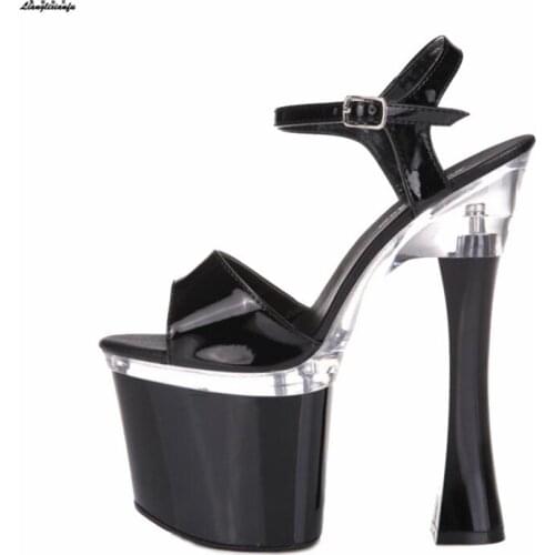 Plus:34-43 44 Summer Nightclub sandals Mujer Plataforma sexy 19cm ultra high Square heel crystal shoes woman Ankle Strap pumps