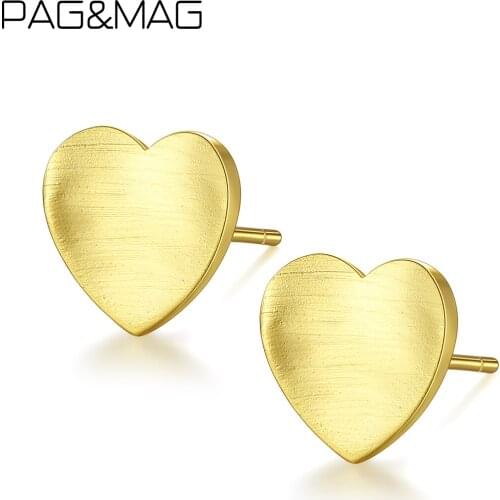PAG&MAG Genuine S925 Silver Solid Heart Stud Earrings For Women Brushed Love Heart Brincos Earrings Aros Mujer Oreja SE0176