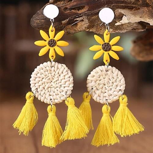 Polymer Clay Sunflower Round Rattan Yellow Three Tassel Earrings for Women Fresh Bohemian Earrings Jewelry Gifts Wholesale