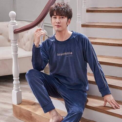 Thick Oversize Mens Pajamas Suits 2PCs Autumn Winter Homewear Coral Velvet Keep Warm Noble Leisure Long-Sleeves халат мужской