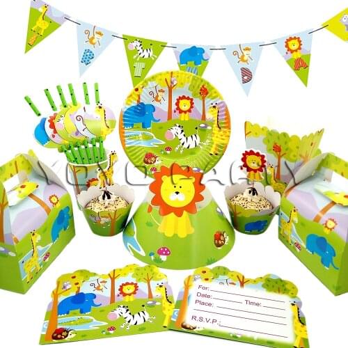 For Kids Birthday Jungle Animals Party Supplies Disposable Tableware Plate Cup Straw Candy Box Hat Balloon Cupcake Deco Ect
