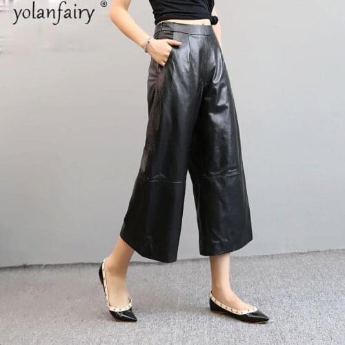 High Quality Black Wide Leg Pants Female 100% Sheepskin Leather Pants Women Oversized Spring Autumn 2021 Pantalones De Mujer