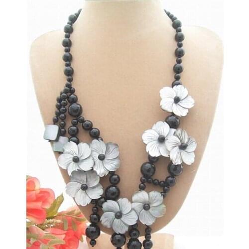 Jewelry Pearl Necklace Hot sale new Style >Onyx&Shell Flower Necklace-Toggle Clasp Free Shipping