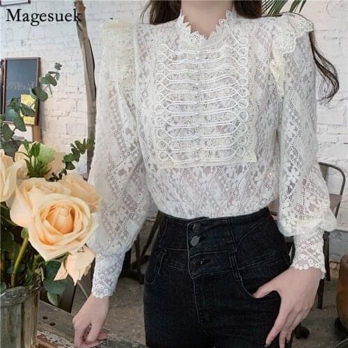 Vintage White Crochet Lace Womens Shirt Spring New Long Sleeve Ladies Tops Blouses Casual Elegant Blouse Women Clothes 13300