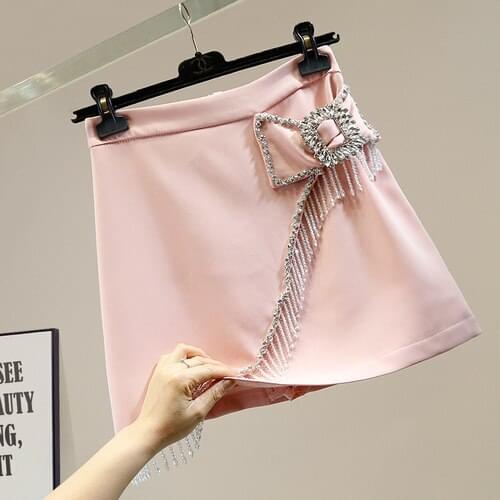 Womens Mini Skirt Rhinestone Beaded Tassel Three-Dimensional Bow Irregular A- Line High Waist Slimming All-Match Skirts Lady