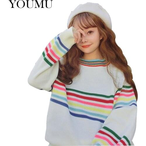 Women Striped Sweaters Long Sleeve O-Neck Thick Fashion Knitted Jumper Vitality Rainbow Pullovers Preppy Style 801-321