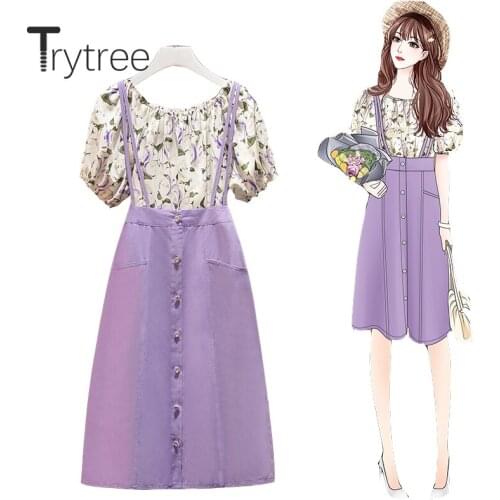 Trytree 2020 Summer Women Two Piece Set Casual O-neck Print Purple Tops + Sling Dress Solid Button Pockets Set 2 Piece Set