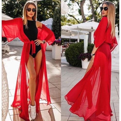 Women Sheer Swimsuit Bikini Cover Up Summer Sexy Beach Chiffon Long Maix Dress Kaftan Swimwear Swimming Bathing Suit