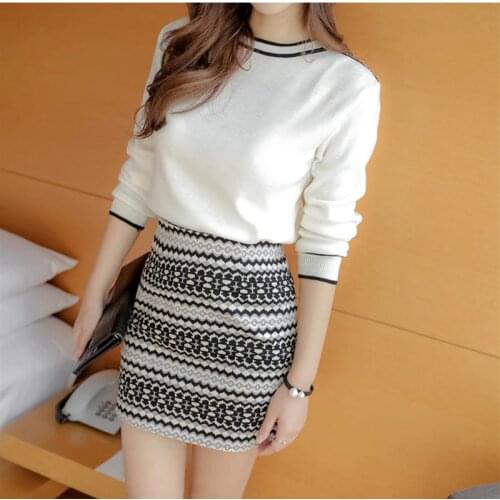 Women Sets 2019 Spring knitting Long Sleeve O Neck White Crop Tops Package hip Print Short Skirts 2 piece set Ladies Tracksuit