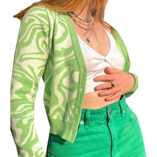 Autumn 2021 Irregular Striped Long-Sleeved V-Neck Long Sleeve Cropped Knitted Cardigan For Women Slim Short Sweater Jacket