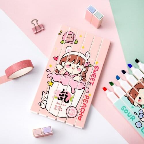 6 PCS Cute Oblique Rainbow Pastel Highlighter Set School Office Supplies Stationery