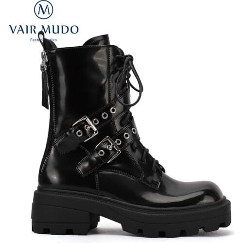 VAIR MUDO Ankle Boots Shoes Motorcycle Boots Black White Concise Thick Bottom Round Toe Solid Genuine Leather Platform DX52L