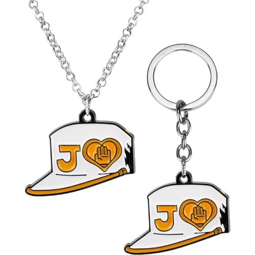 JOJO BIZARRE ADVENTURE Keychain Necklaces cartoon Kujou Jotarou Student Hat DIO Caps Keyring Rope Chain Pendant Anime Jewelry