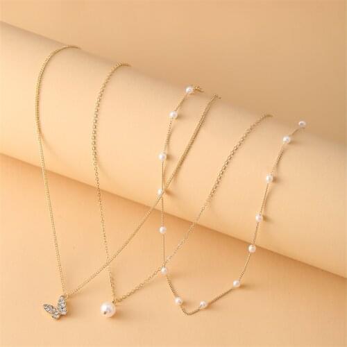 52093 artificial pearl clavicle chain creative simple Butterfly Pendant Necklace multi layer Necklace