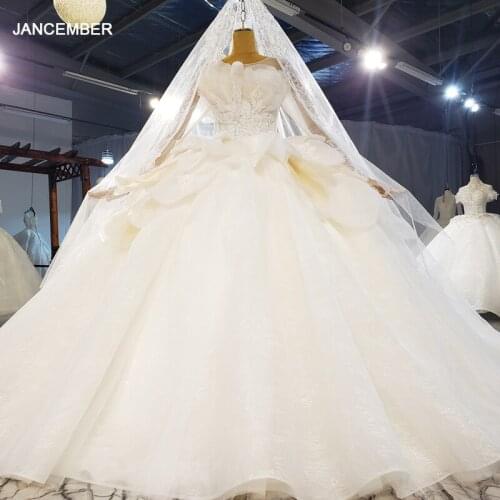 HTL2151 Luxury Charming Round Neck Wedding Dress Flower Applique Transparent Lace Long Trailing Prom Wedding Dress