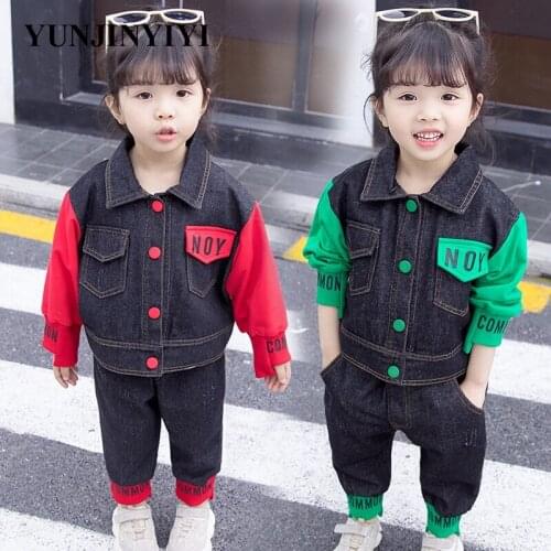 YUNJINYIYIGirls Clothing Sets spring autumn Toddler Sport Suit Kids Clothing Set children Clothes Denim Jeans Coat+Pants