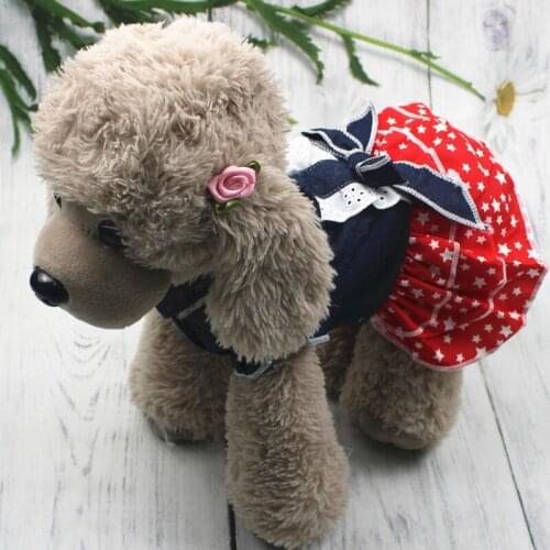 Summer&spring Pet Clothes Jean Print Dress for Puppy Cat Dog Lace Bowknot Dress Teddy Floral Dress Small Dog Pet Supplies
