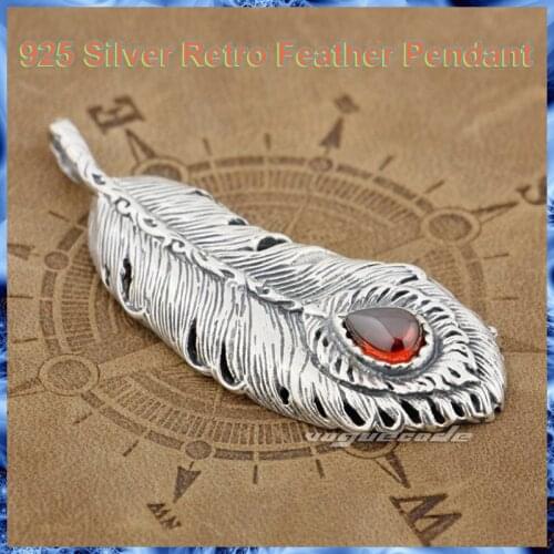 Fashion Unisex 925 Sterling Silver Retro Feather Pendant Cool Knight Punk Rock Red Zircon Couple Pendant Necklace 9J003