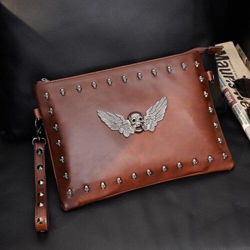 Tidog Retro crazy horse skin mens handbag personalized rivet clutch bag
