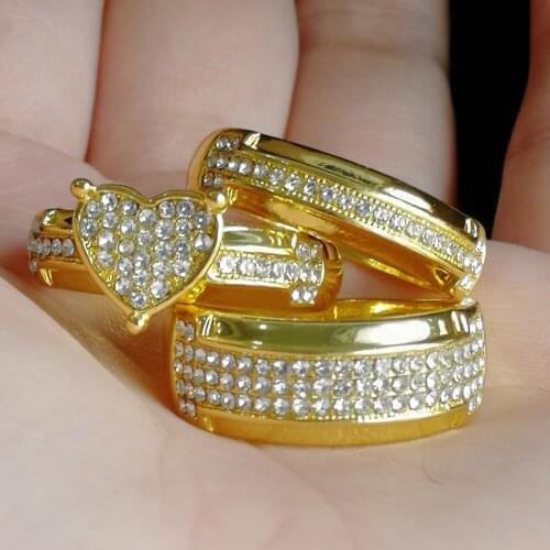 New Alloy Gold-plated Three-Piece Set Inlaid With AAA Zircon Fine Brick Love Couple Set Ring European And American Jewelry