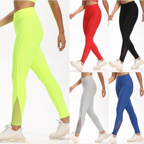 Solid Slim Leggings Womens Mesh Panel Breathable Hip Lifting Exercise Bubble Yoga Pants Workout Running Gymwear Лосины Штаны