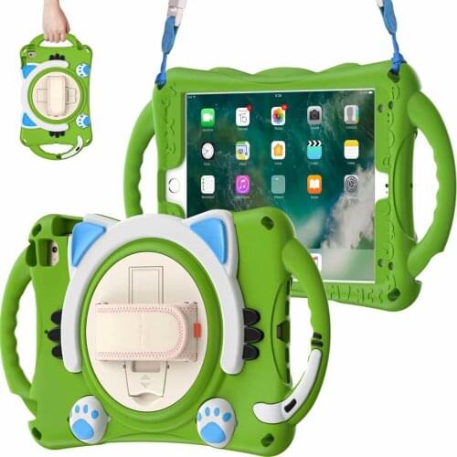 3D Cartoon Cat Silicone Shockproof Cover with Shoulder Strap Rotating Kickstand For iPad 9.7 inch 2018/2017 generation Air Air 2