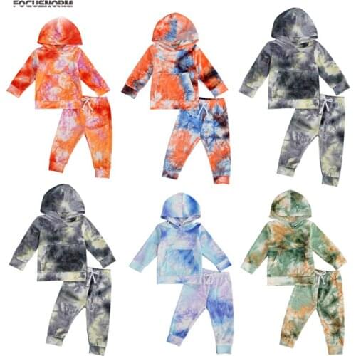FOCUSNORM 1-6Y Autumn Winter Kids Girls Boys Tie-Dye Printed Long Sleeve Hooded Tops Pants 5 Colors