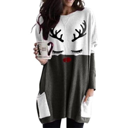 Women Autumn Christmas Cute Printed Long Sleeve Patchwork T-shirt with Pockets